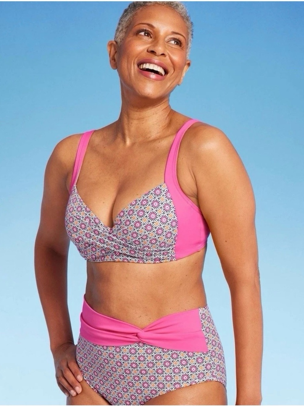 Lands' End Pink Daisy Print Bikini Top b3sp